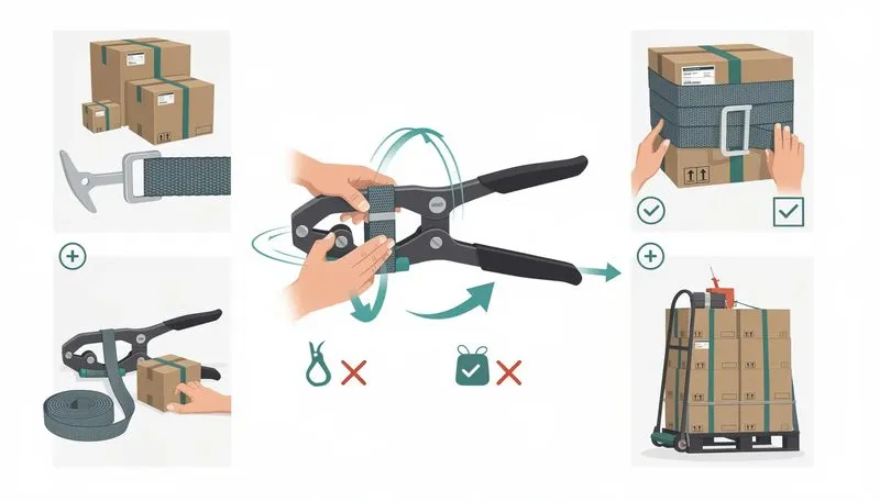 Anleitung zur Anwendung eines textil umreifungssets mit einem Umreifungsgerät.