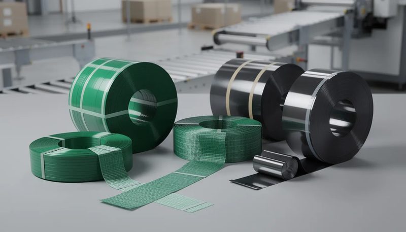 Verschiedene Arten von Umreifungsbändern, einschließlich Polyester und Stahlband.