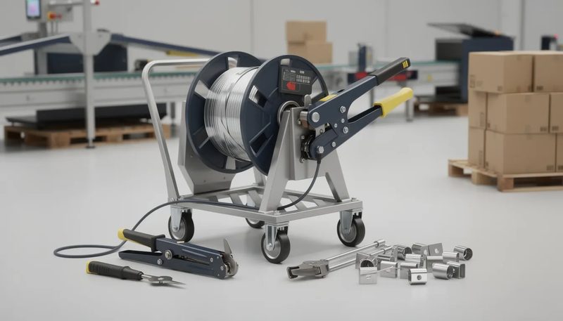 Zubehör für Umreifungsbänder, wie Abrollwagen und Spanngeräte.