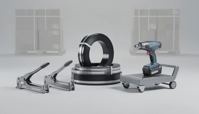 Tipps zur Auswahl des richtigen Zubehörs für Umreifungsbänder, einschließlich verschiedener Geräte.