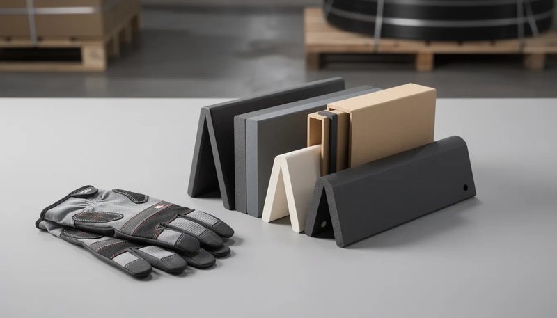 Hilfsmittel zur Verbesserung der Umreifung, einschließlich Kantenschutzecken und Arbeitshandschuhe.