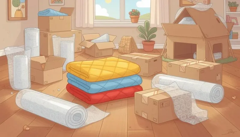 Zubehör für den Umzug, einschließlich Luftpolsterfolie und Packdecken.