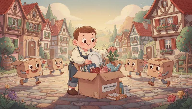 Ein Umzugshelfer packt einen Umzugskarton mit verschiedenen Gegenständen.