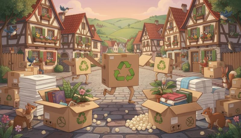 Umweltfreundliche Umzugskartons und Verpackungsmaterialien, die für einen nachhaltigen Umzug genutzt werden können.