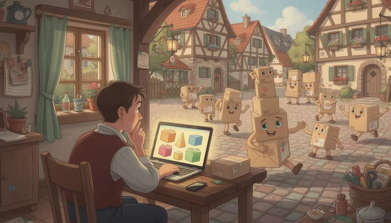 Eine Person, die Umzugskartons online kauft und verschiedene Optionen vergleicht.