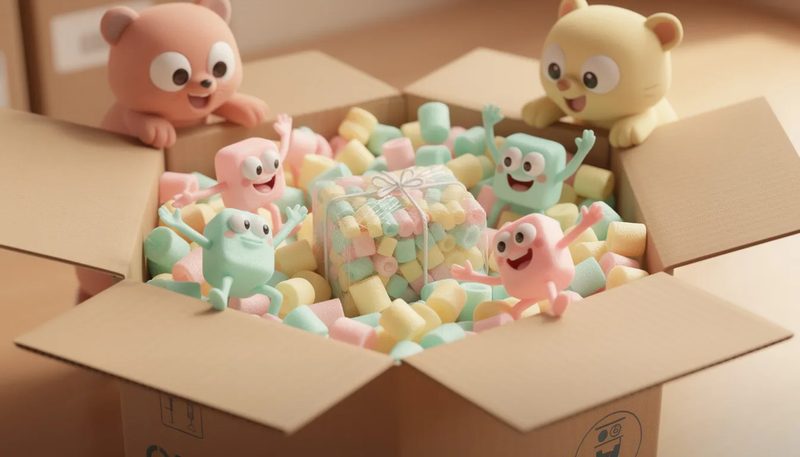 Verpackungschips in einem Versandkarton, die Hohlräume ausfüllen und die Ware schützen.