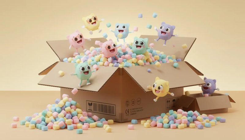 Verpackungschips, die in einem Karton zur Sicherstellung des Transportschutzes verwendet werden.