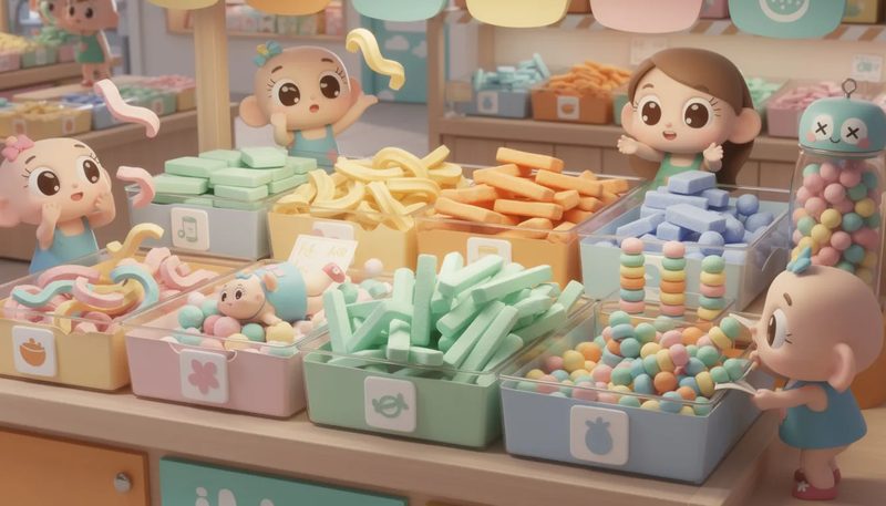 Verschiedene Verpackungschips in unterschiedlichen Farben und Formen, die zum Verkauf angeboten werden.