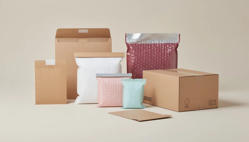 Eine Auswahl an verschiedenen Arten von Versandtaschen, einschließlich Luftpolstertaschen und Wellpappversandtaschen.