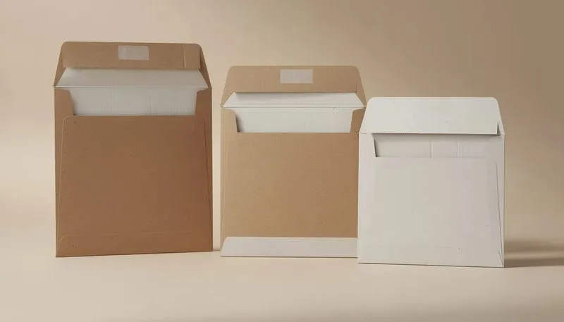 Verschiedene Größen und Formate von Versandtaschen aus Vollpappe.