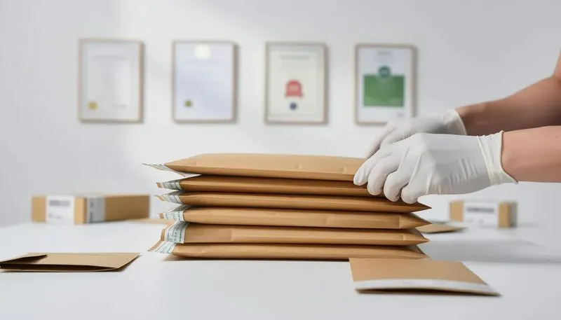 Qualitätssicherung von Versandtaschen mit Zertifikaten im Hintergrund.