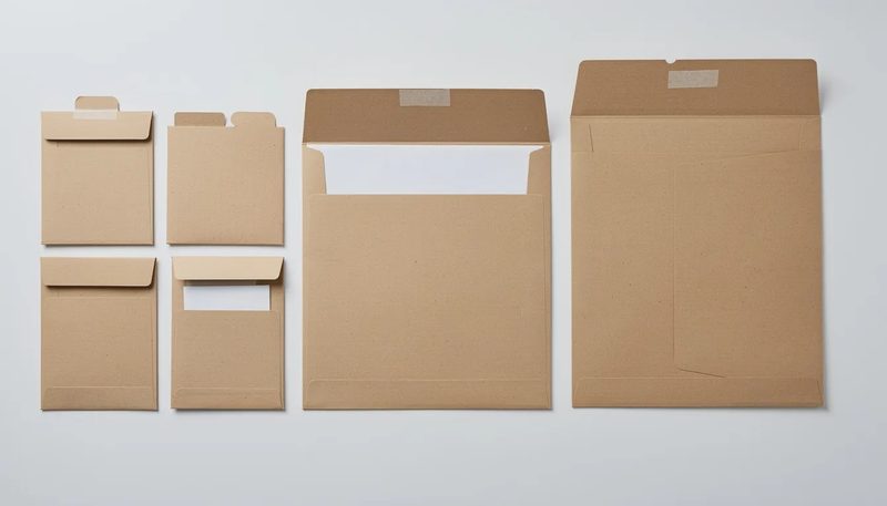 Eine Übersicht über verschiedene Größen und Formate von Versandtaschen aus Vollpappe.