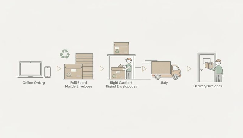 Bestell- und Lieferprozess für Versandtaschen aus Vollpappe.