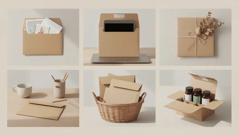 Anwendungsmöglichkeiten von Versandtaschen aus Wellpappe Braun.