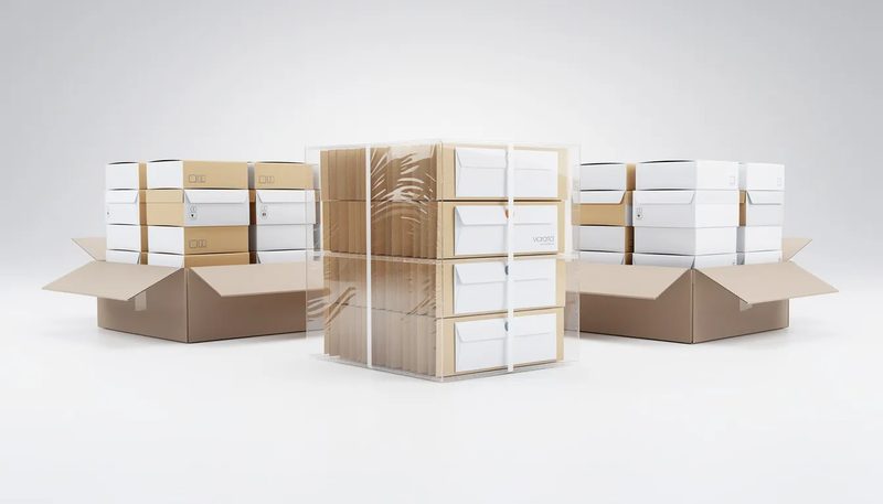 Verpackungseinheit und Lagerung von Versandtaschen.