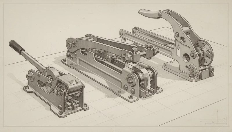 Eine Auswahl an Verschluss Spanngeraeten, die für unterschiedliche Verpackungsanforderungen geeignet sind.