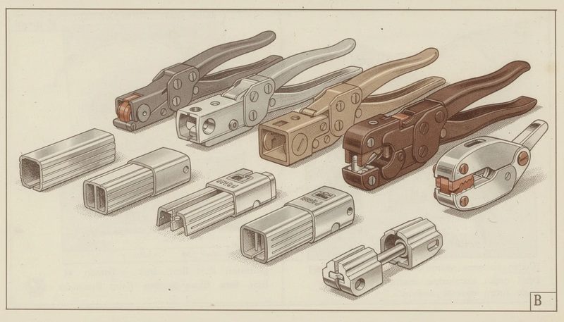 Verschiedene Zubehörteile für Verschluss Spanngeräte, einschließlich Verschlusshülsen und Zangen.