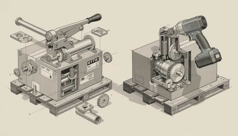 Vergleich zwischen manuellen und akkubetriebenen Umreifungsgeräten.