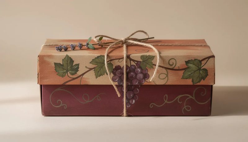 Eine ansprechende Geschenkverpackung für eine Wein Geschenkbox, bereit zum Versand.