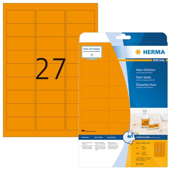 HERMA 5141 Neonetiketten A4 63,5x29,6 mm neon-orange Papier matt