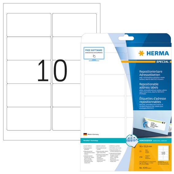 HERMA 4349 Repositionierbare Adressetiketten A4 96x50,8 mm weiß