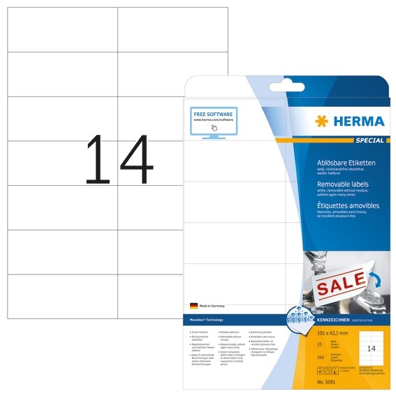 HERMA 5081 Ablösbare Etiketten A4 105x42,3 mm weiß Movables/ablö