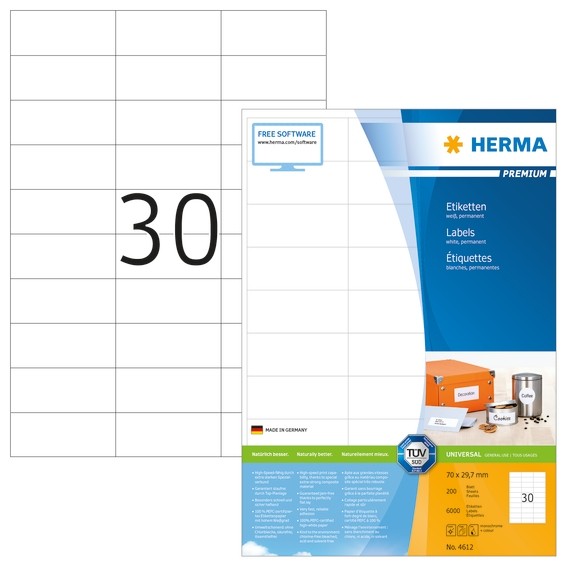 HERMA 4612 Etiketten Premium A4 70x29,7 mm weiß Papier matt 6000