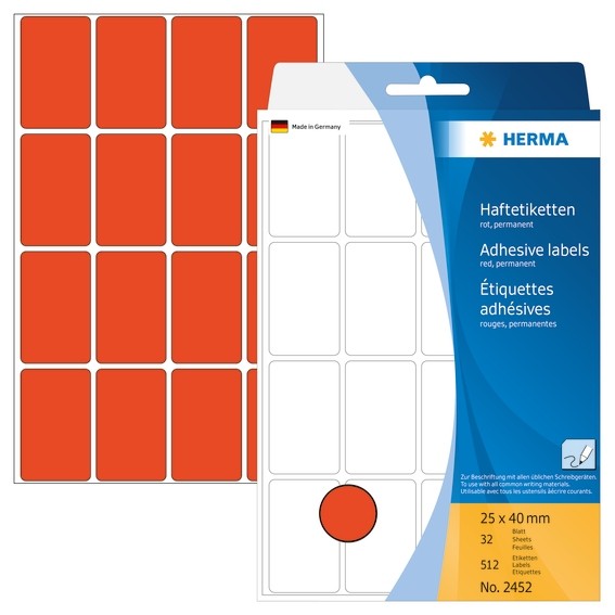 HERMA 2452 Vielzwecketiketten 25x40 mm rot Papier matt Handbesch