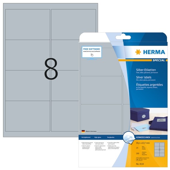 HERMA 4114 Etiketten A4 99,1x67,7 mm silber Folie glänzend 200 S