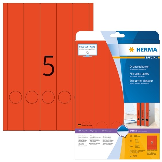 HERMA 5132 Ordneretiketten A4 38x297 mm rot Papier matt blickdic