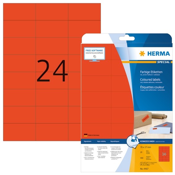 HERMA 4467 Farbige Etiketten A4 70x37 mm rot ablösbar Papier mat