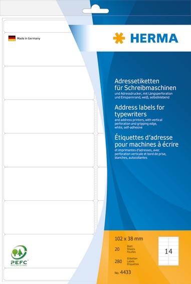 HERMA 4433 Adressetiketten für Schreibmaschinen A4 102x38 mm Pap