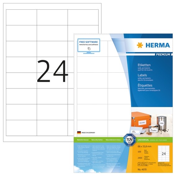 HERMA 4670 Etiketten Premium A4 66x33,8 mm weiß Papier matt 2400