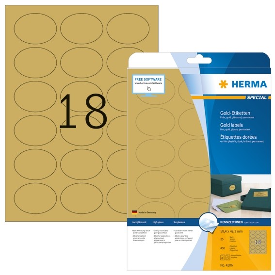 HERMA 4106 Etiketten A4 58,4x42,3 mm gold oval Folie glänzend 45