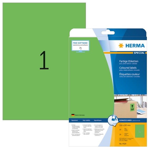 HERMA 4424 Farbige Etiketten A4 210x297 mm grün ablösbar Papier