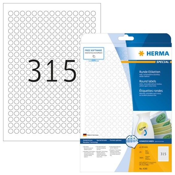 HERMA 4385 Ablösbare Etiketten A4 Ø 10 mm rund weiß Movables/abl