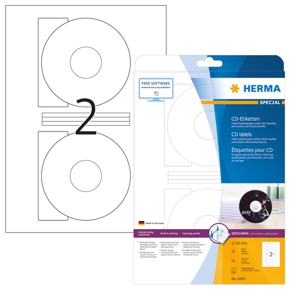 HERMA 4849 Inkjet CD-Etiketten A4 Ø 116 mm weiß Papier matt 50 S
