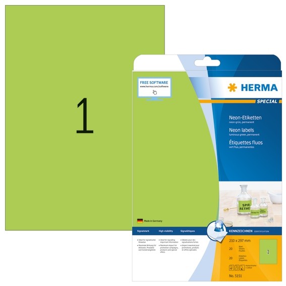 HERMA 5151 Neonetiketten A4 210x297 mm neon-grün Papier matt 20