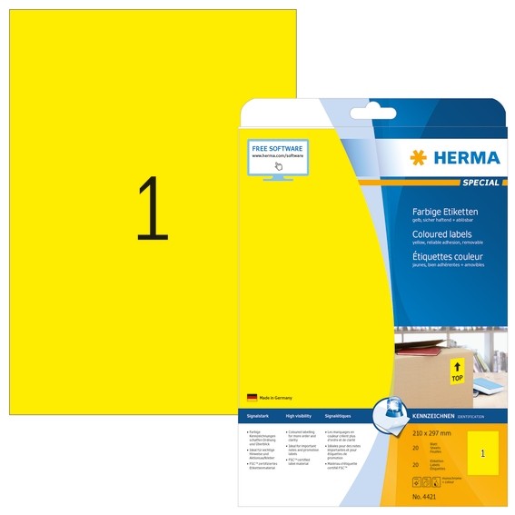 HERMA 4421 Farbige Etiketten A4 210x297 mm gelb ablösbar Papier