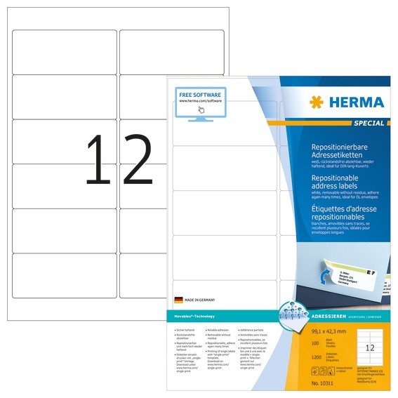 HERMA 10311 Repositionierbare Adressetiketten A4 99,1x42,3 mm we