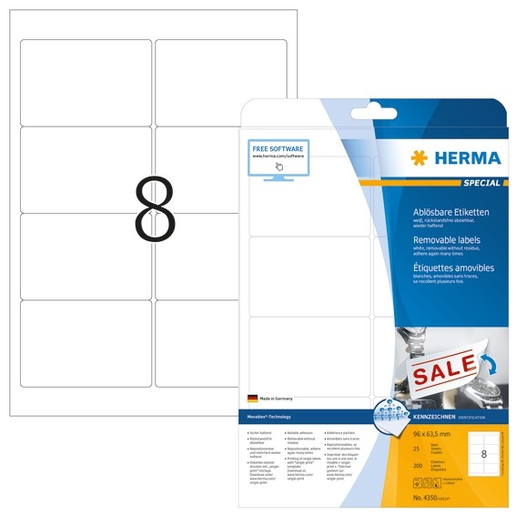 HERMA 4350 Ablösbare Etiketten A4 96x63,5 mm weiß Movables/ablös