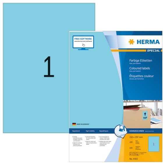 HERMA 4403 Farbige Etiketten A4 210x297 mm blau Papier matt 100