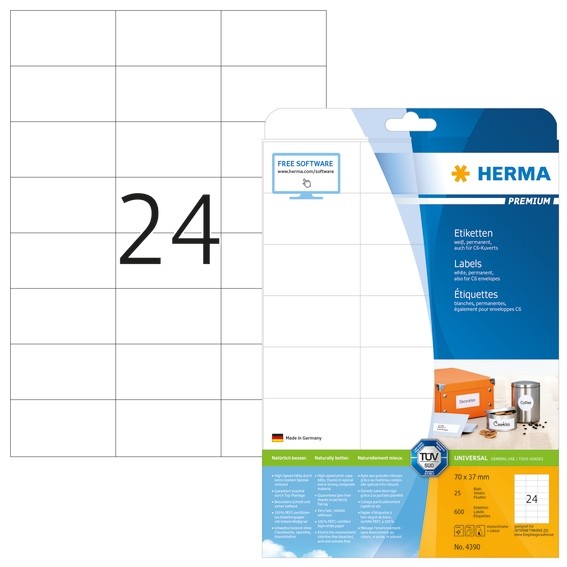 HERMA 4390 Etiketten Premium A4 70x37 mm weiß Papier matt 600 St
