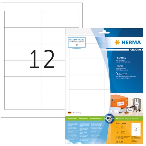 HERMA 8628 Etiketten Premium A4 97x42,3 mm weiß Papier matt 120