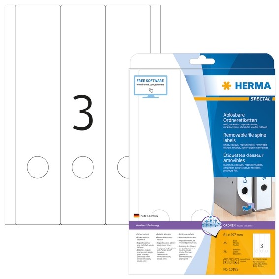 HERMA 10185 Ablösbare Ordneretiketten A4 61x297 mm weiß Movables