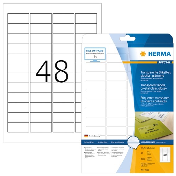 HERMA 8016 Etiketten transparent glasklar A4 45,7x21,2 mm transp