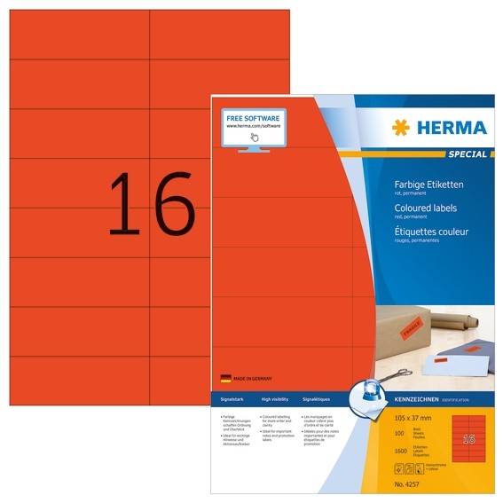 HERMA 4257 Farbige Etiketten A4 105x37 mm rot Papier matt 1600 S