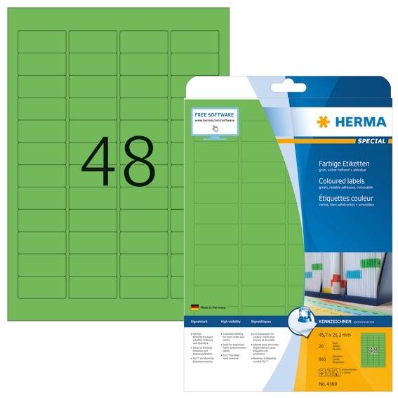 HERMA 4369 Farbige Etiketten A4 45,7x21,2 mm grün ablösbar Papie