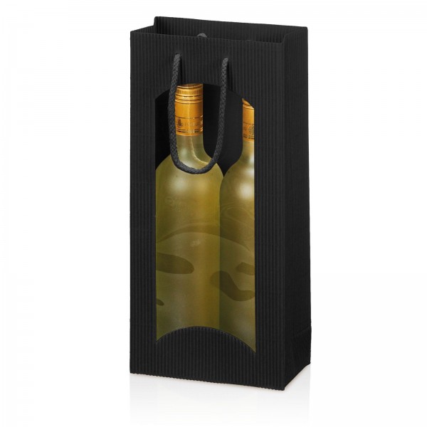 Tragetasche Geschenktüte für 2 Flaschen 170x85x360 mm offene Welle Fenster Schwarz