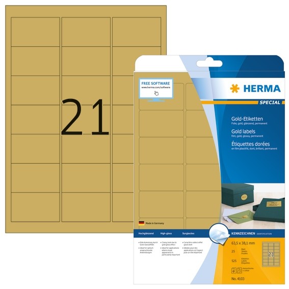 HERMA 4103 Etiketten A4 63,5x38,1 mm gold Folie glänzend 525 St.